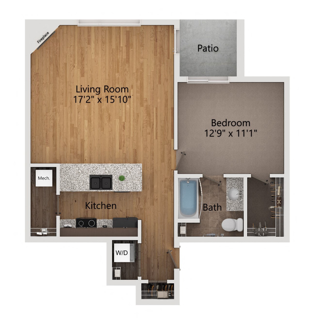 a floor plan of a one bedroom apartment with a living room and a bedroom with a bathroom